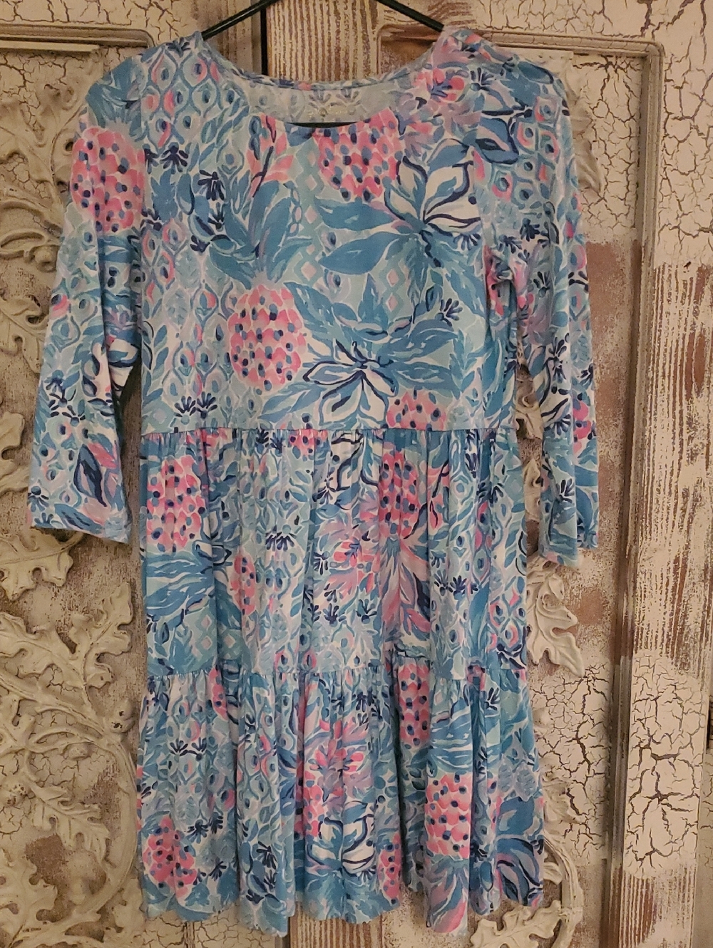 Lilly Pulitzer XS Floral Cotton Tiered Dress - Blue & Pink